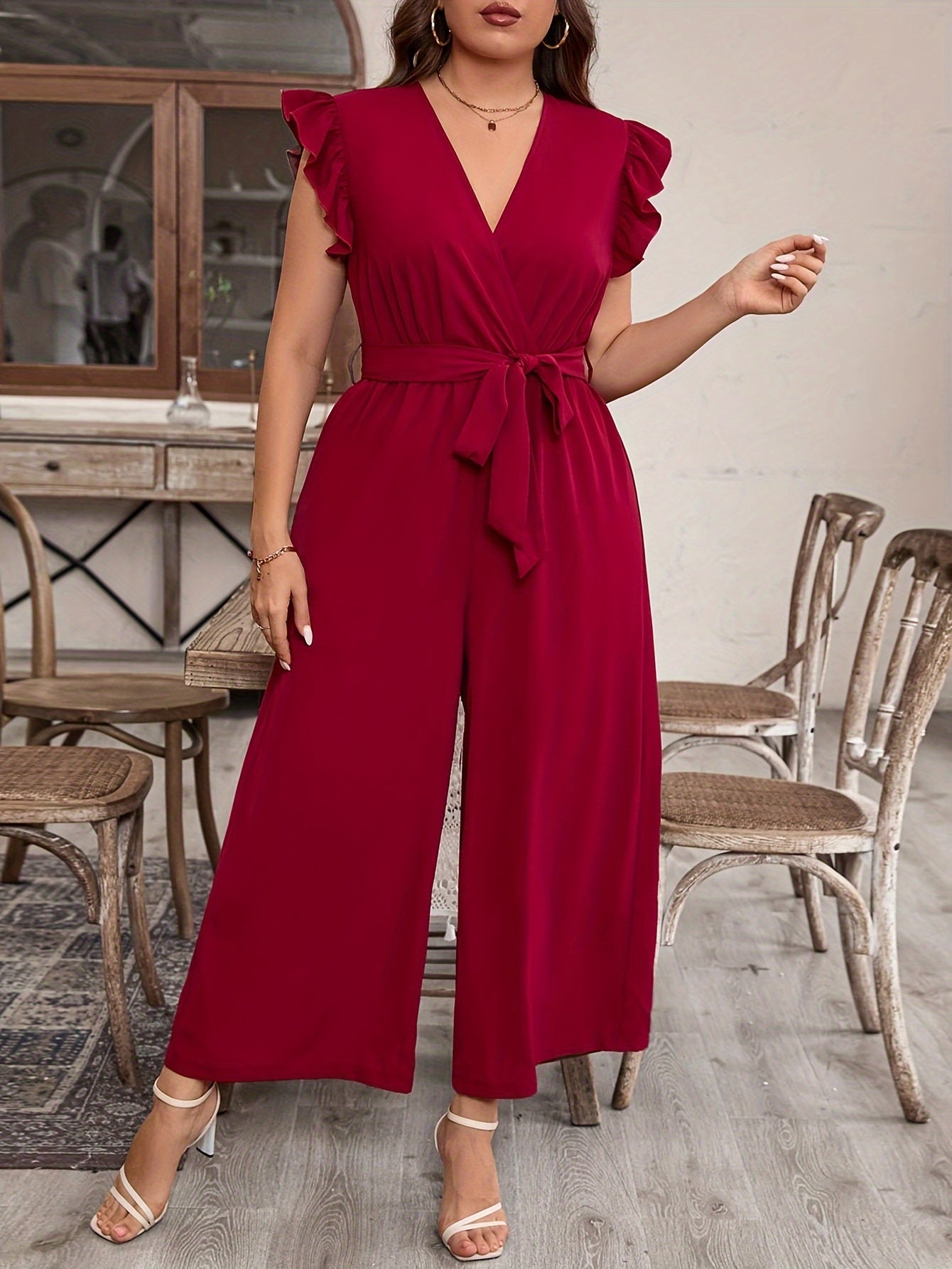 Ayollar uchun katta o'lchamli V-shakllı bo'yinli, ruffle qollu kombinezon, polyester, bir rangli, bahor va kuz uchun