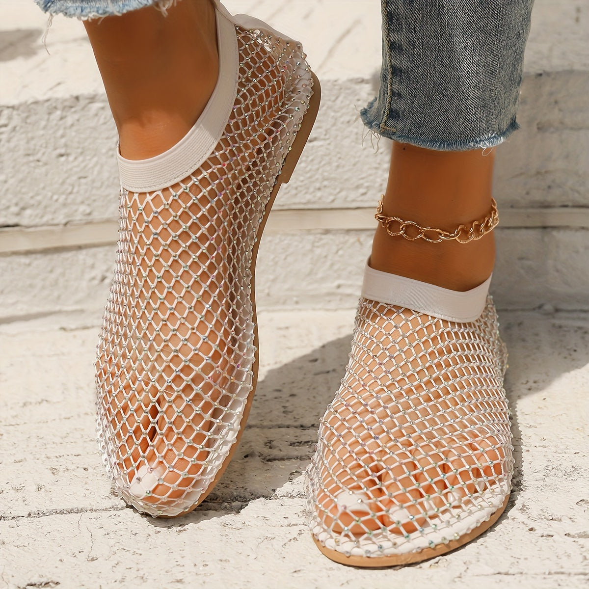 Women's Rhinestone Flat Sandals Summer Hollow Out Slip On Shoes