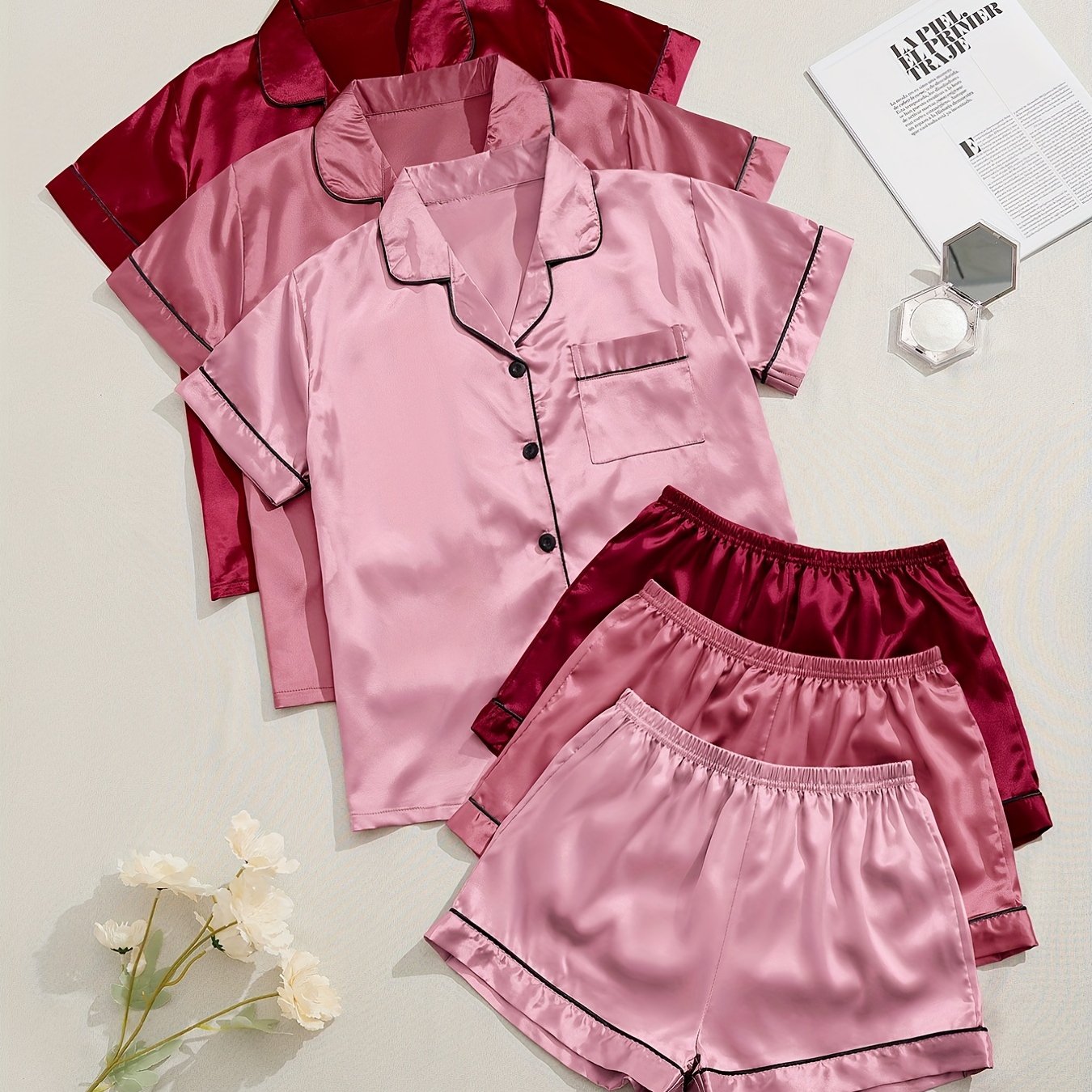 Women's Satin Pajama Set Short Sleeve Top and Elastic Waist Shorts Sleepwear Lounge Wear