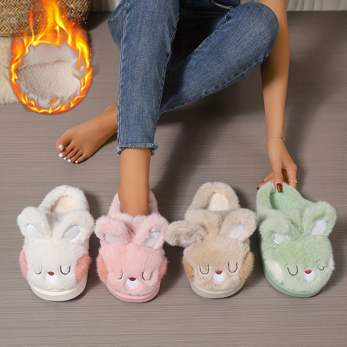 Women's Cozy Cartoon Bunny Slippers Indoor Warm Slip-On Shoes