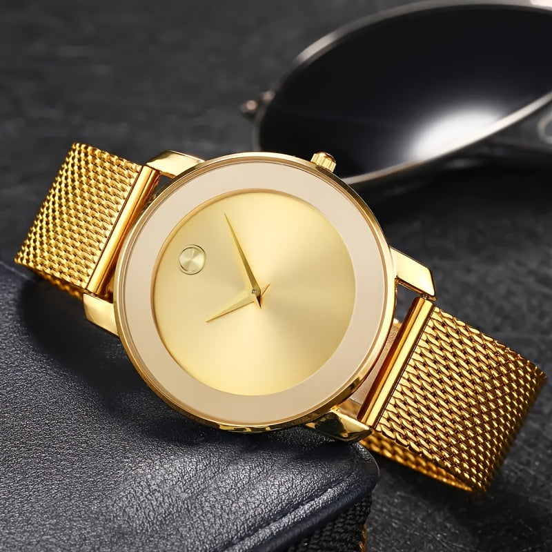 Reloj de cuarzo de tono dorado para hombre con correa de malla, diseño minimalista, caja de aleación duradera