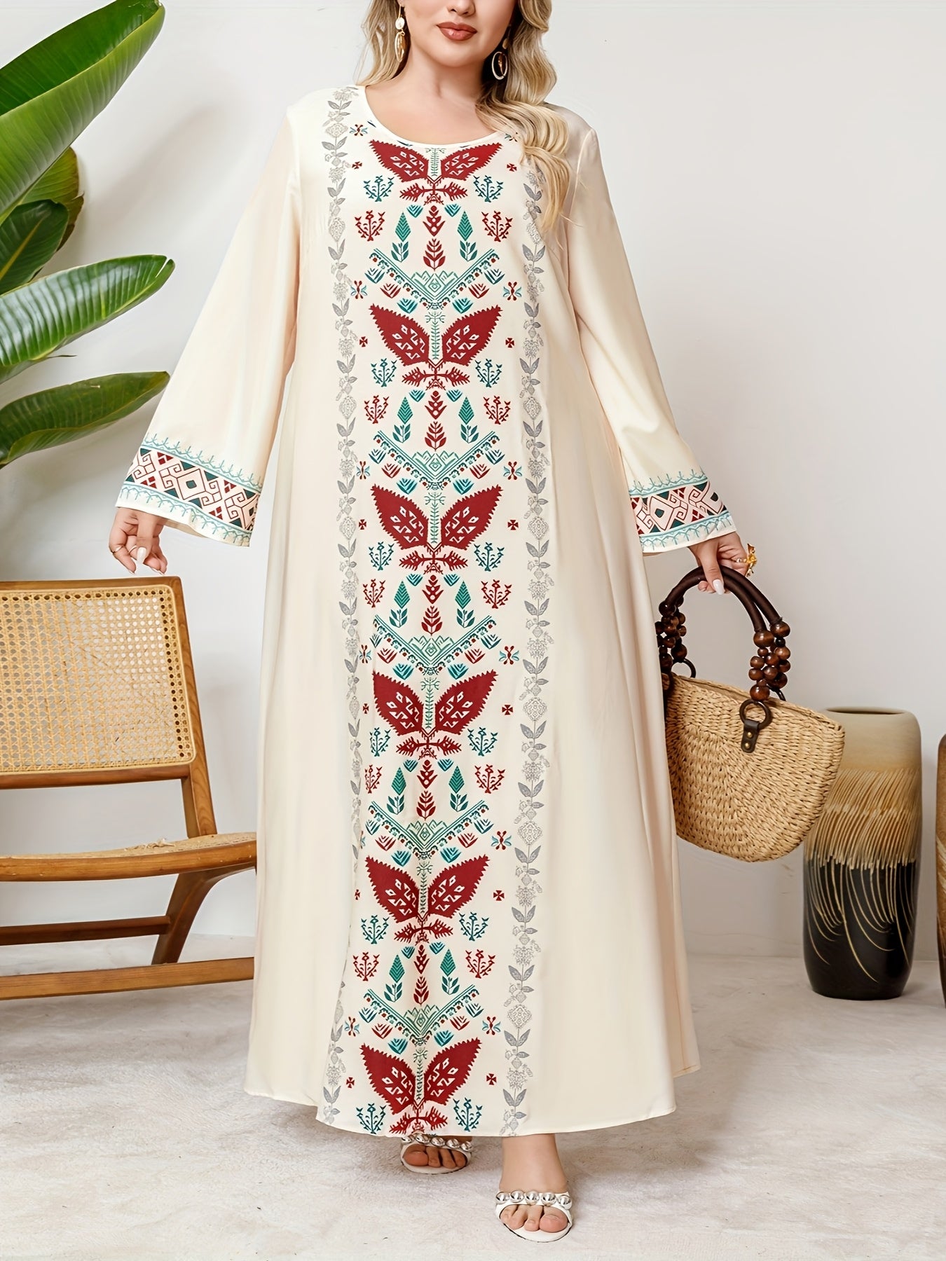 Women's Polyester Tunic Dress with Random Print Crew Neck All-Season