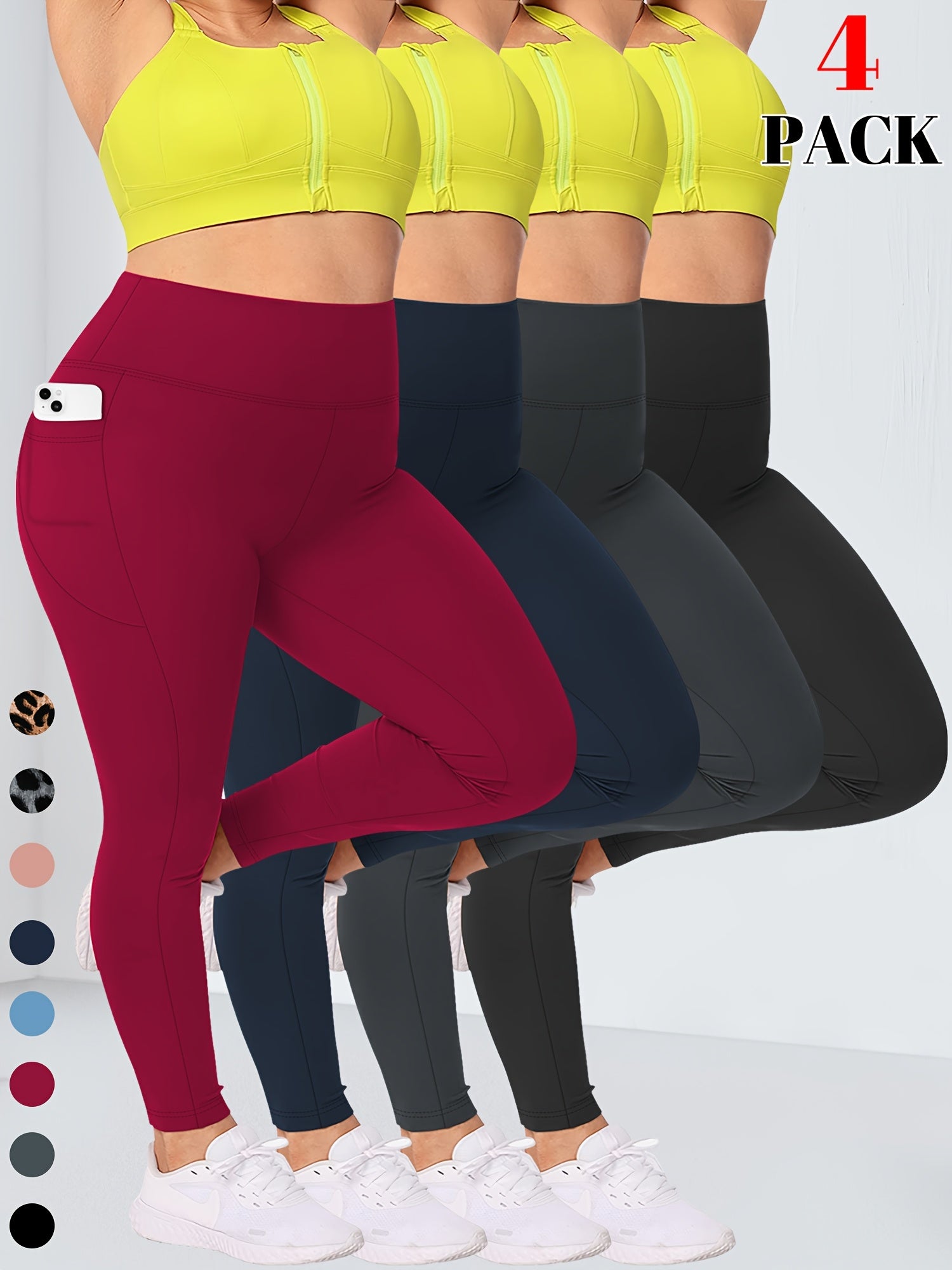 Plus Size Women's High-Waist Leggings 4 Pcs Stretchy Breathable Moisture-Wicking