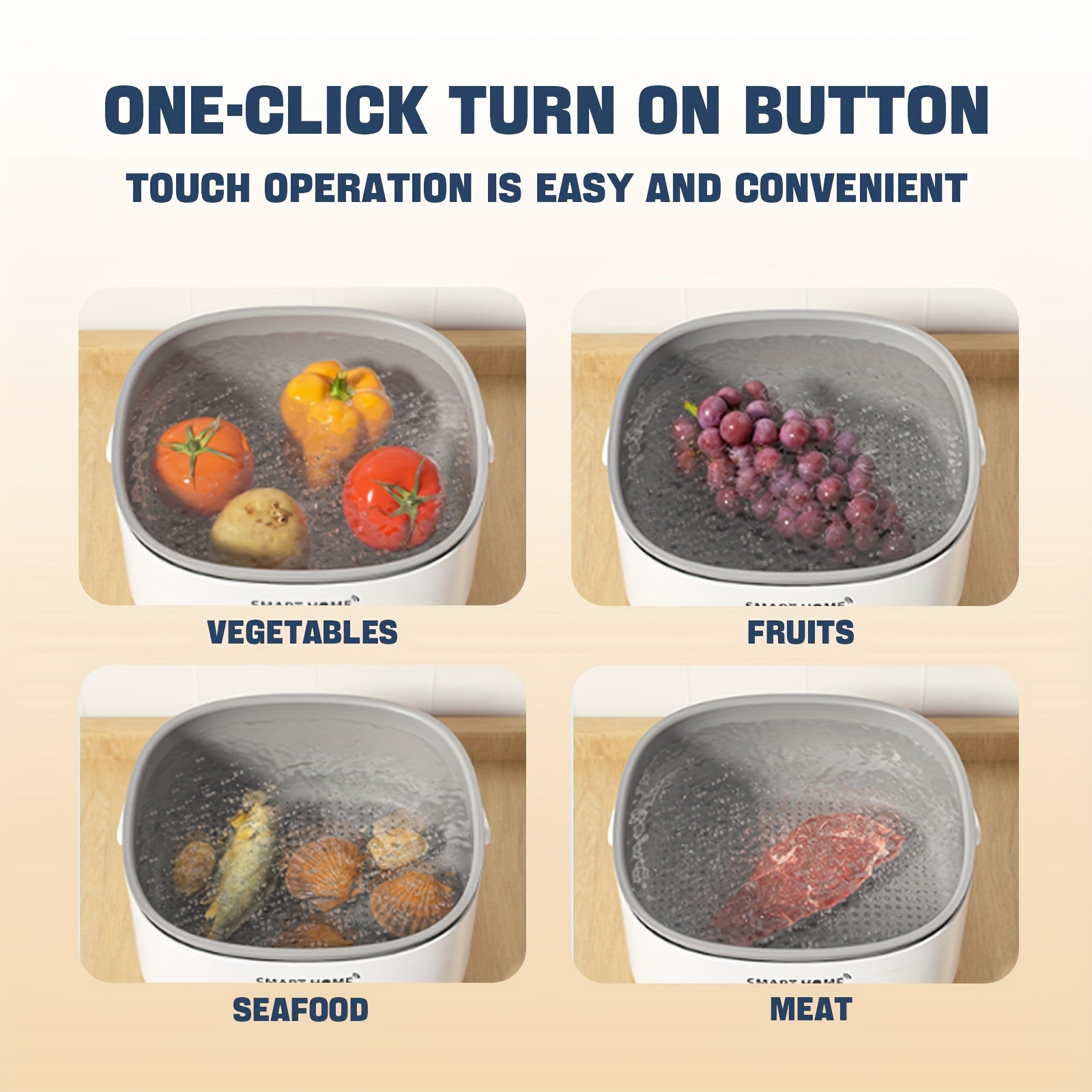 Ovoz to'lqin texnologiyasi bilan multi-funksional oshxona qurilmasi meva va sabzavotlarni tez va samarali tarzda tozalaydi. Oq rangda batareyali, aqlli uy dizayni va gradient drenaj bilan.