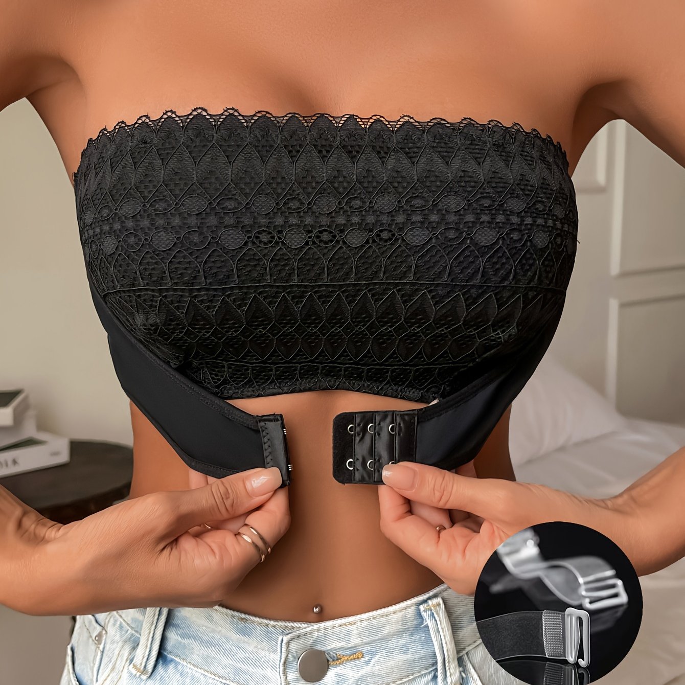 Sujetador bandeau de encaje sin cables con cierre frontal y push-up para mujeres