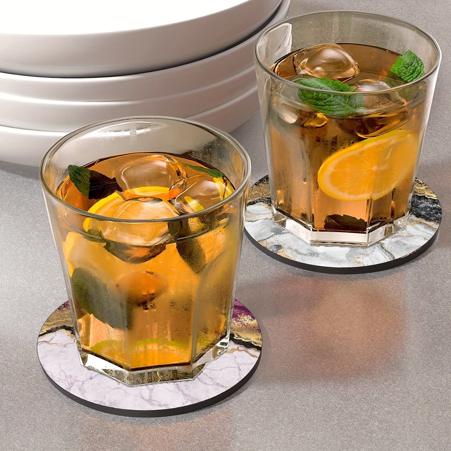 Luxury Gold Marbling Coasters Set 6 Absorbent Rubber Non-Slip 10.16cm Round