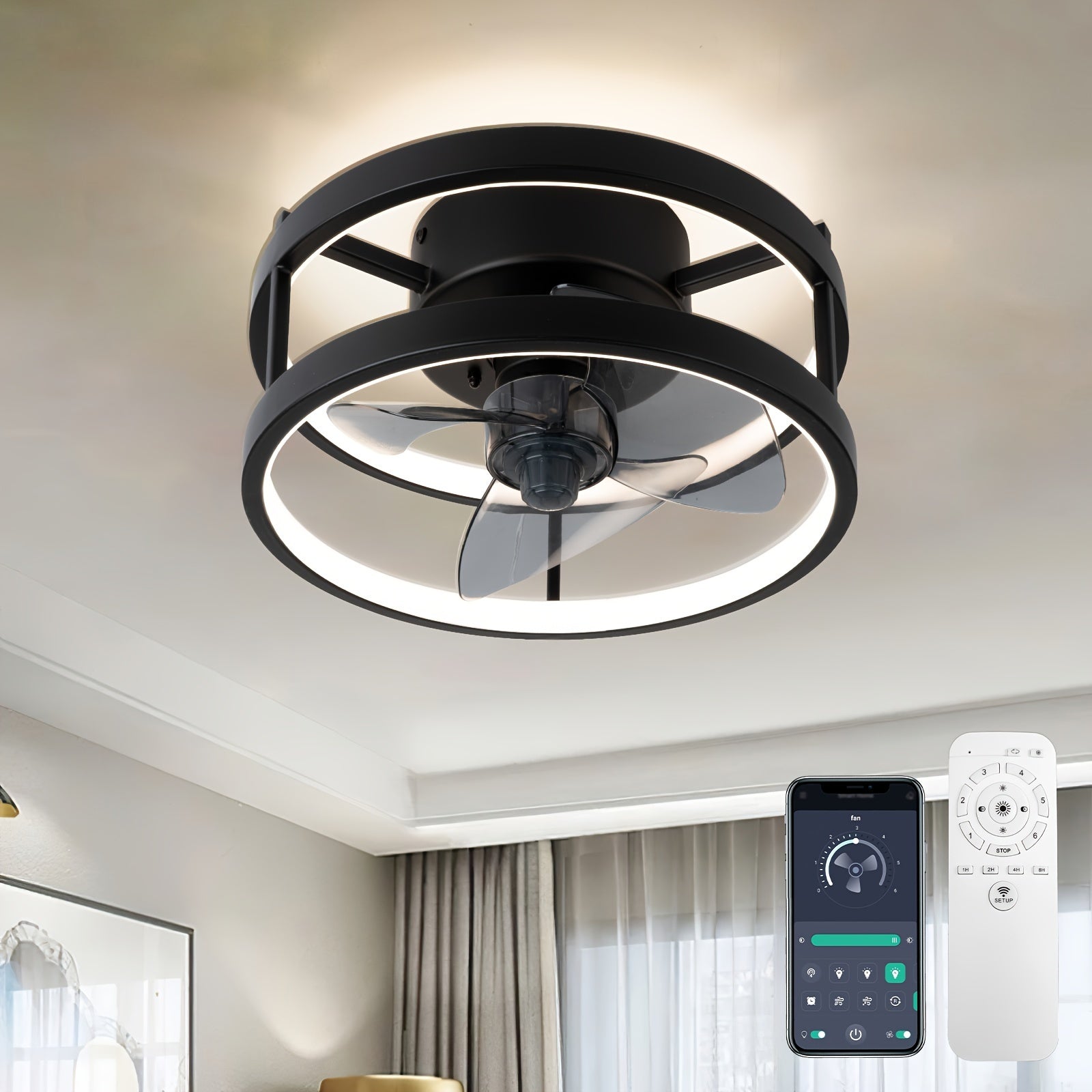 Black Dimmable Low Profile Ceiling Fan with Lights Remote Control for Bedroom Living Room Kitchen