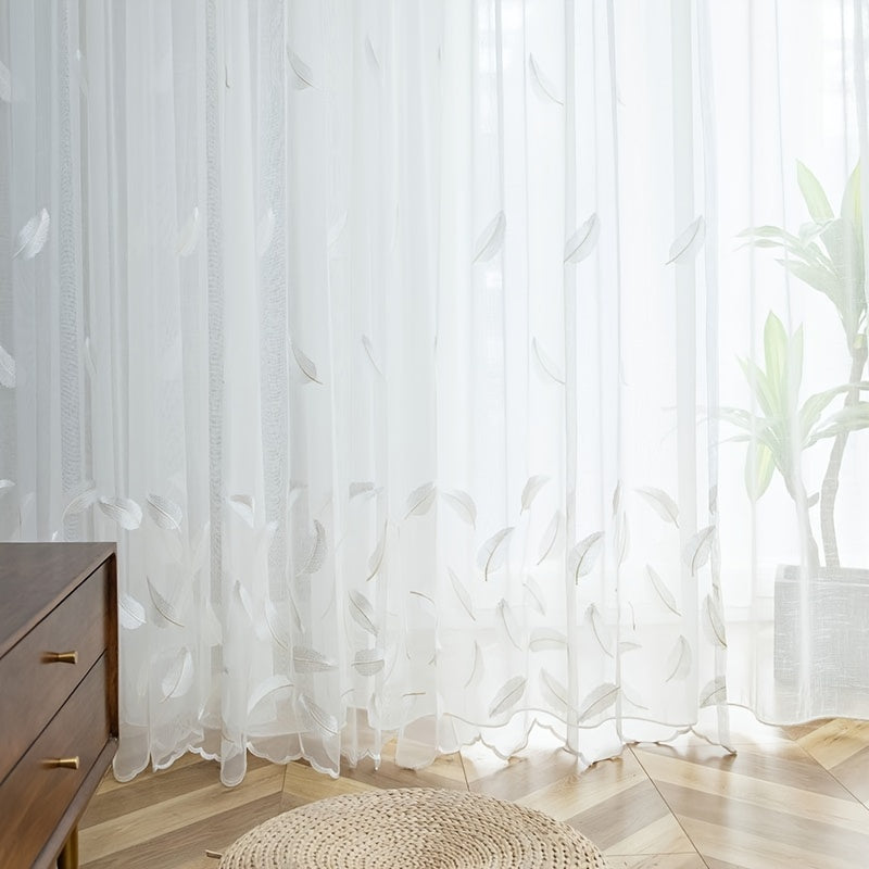 White Feather Embroidered Tulle Curtain 1 Panel for Living Room Bedroom Office