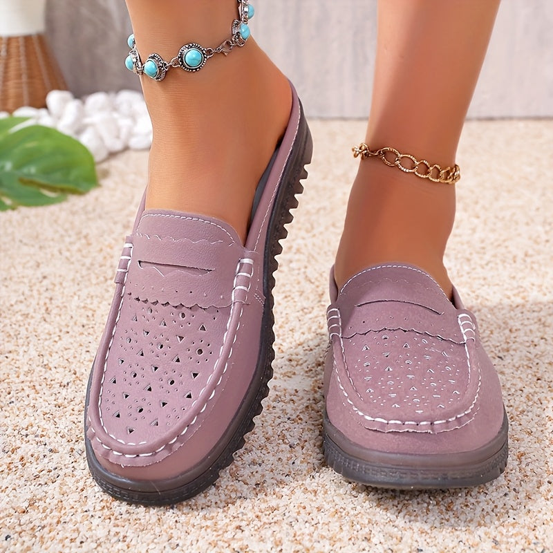 Women’s Solid Color Mules Flat Slip-On Shoes Perforated Non-Slip Casual
