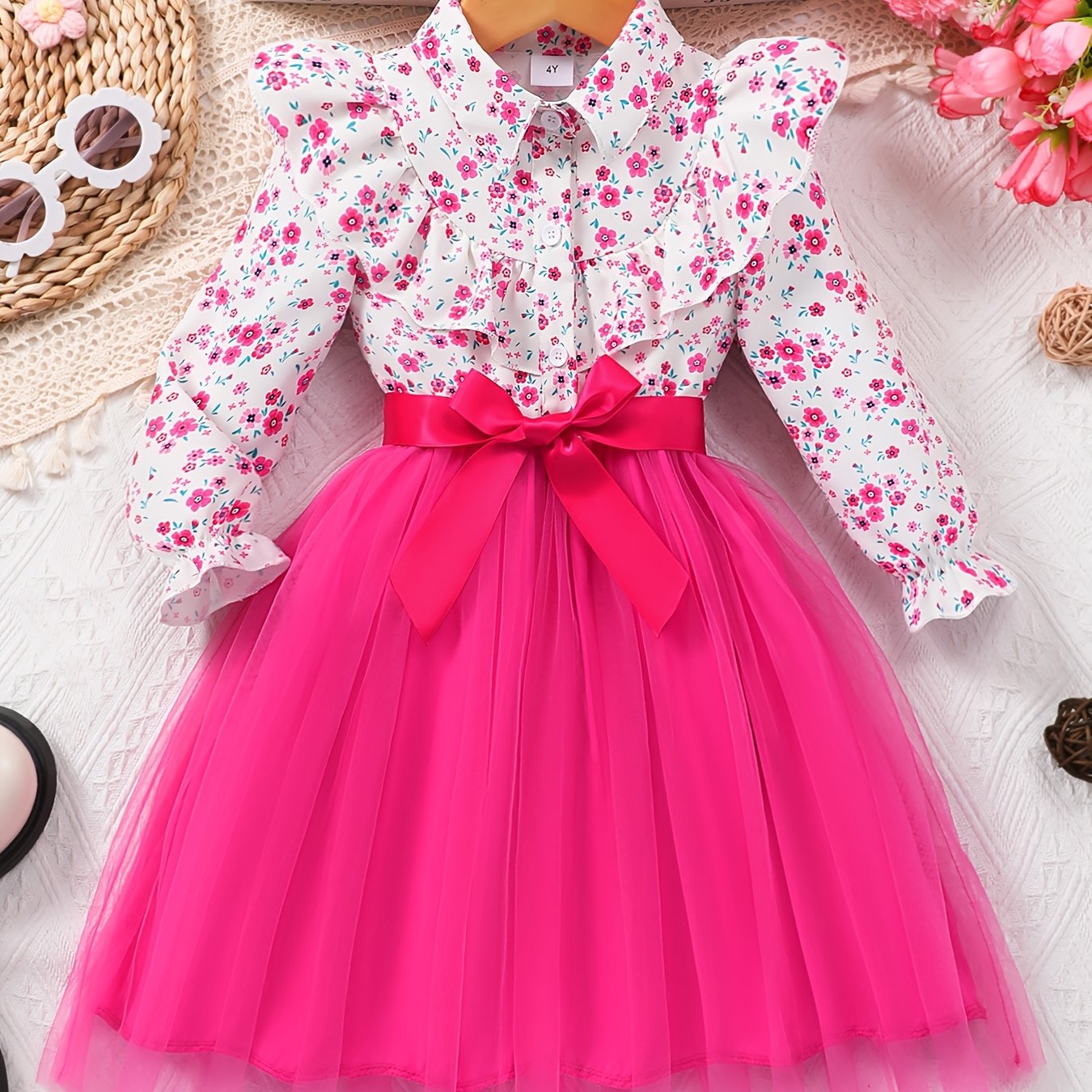 Girls' Long Sleeve Floral Ruffle Dress for Fall and Winter Holidays