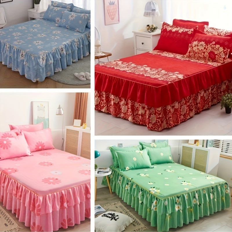Three-Piece Macrame Bed Skirt Set with Flower Print Non-Slip Bedding for All Seasons