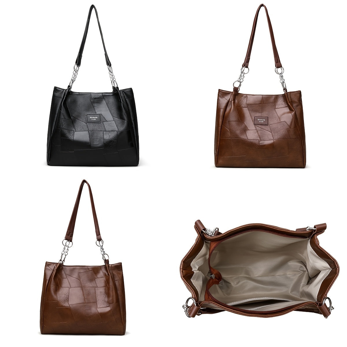 Black Quilted Faux Leather Tote Bag with Chain Strap for Travel and Shopping