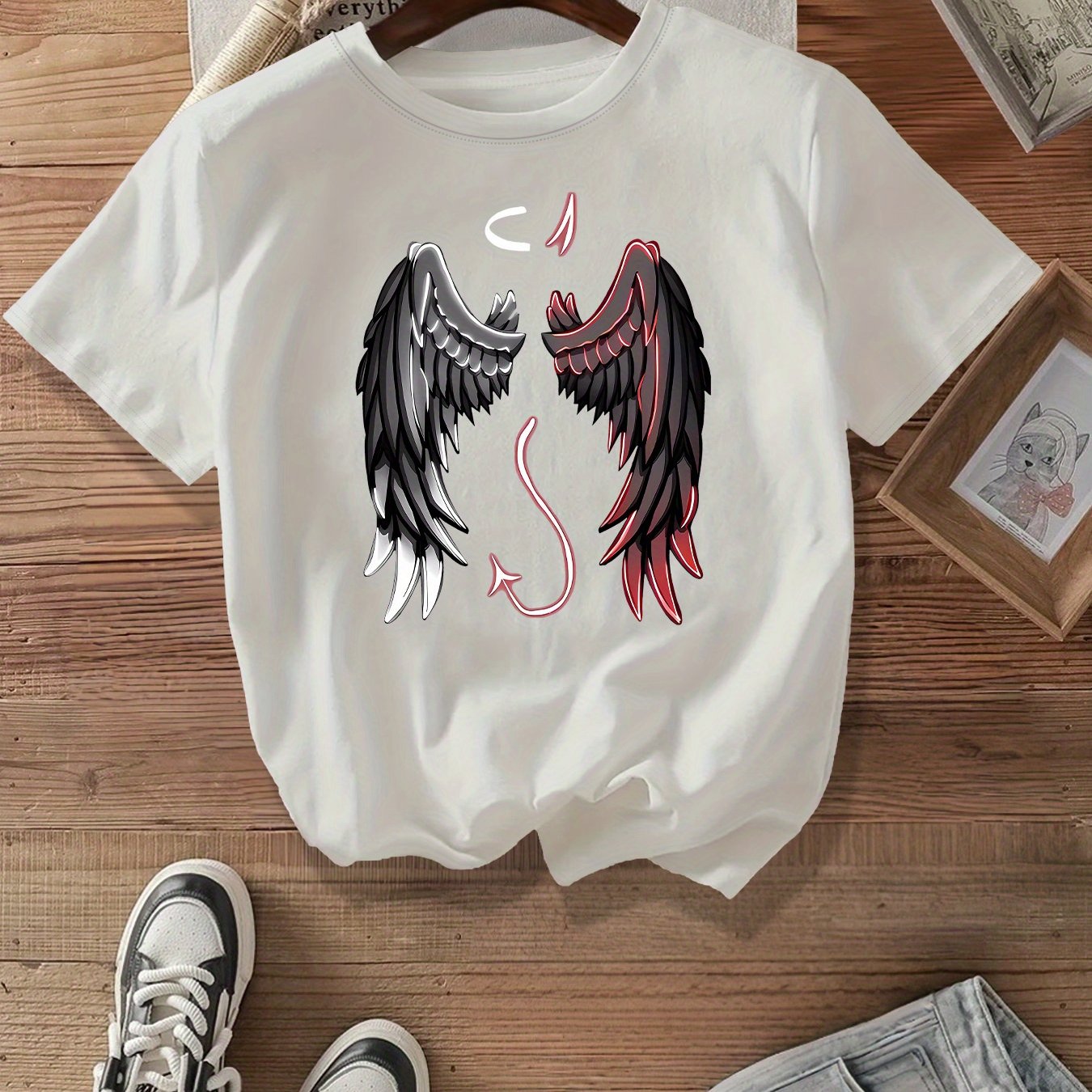 Plus Size Women's Angel & Devil Wings Graphic Print T-Shirt Black Pink Casual Cotton Short Sleeve