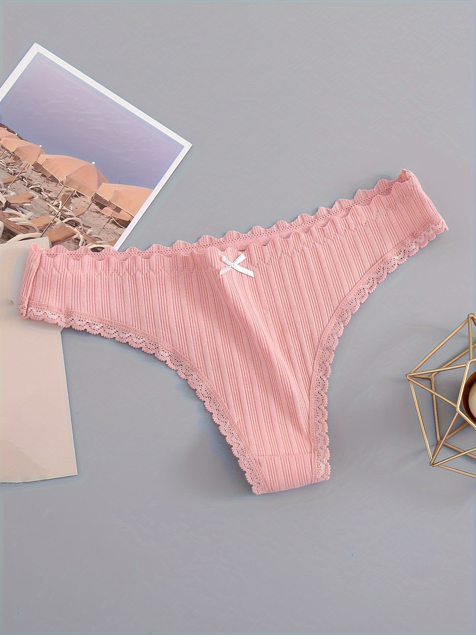 Women's Floral Lace Trim Thongs Low Waist Panties with Scallop Edge Set