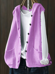 Women Knitted Sleeveless Vest with Double Pockets and Button Closure