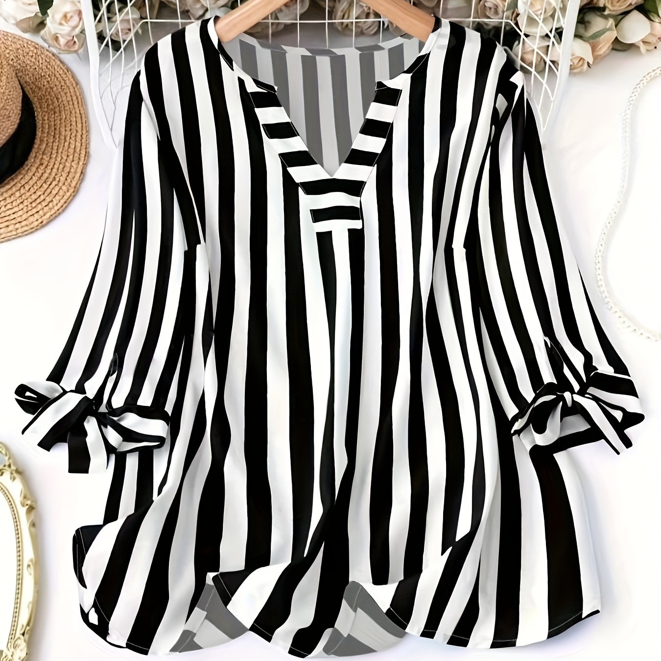 Women's Striped V-Neck Blouse with Lace-Up Cuff Sleeves for Spring and Fall