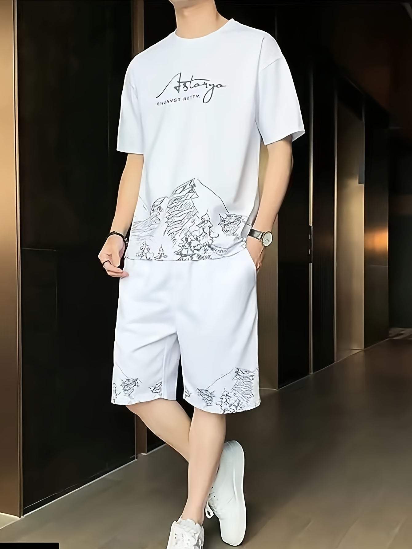 Men's Casual 2-Piece Set Short Sleeve T-Shirt and Drawstring Shorts Polyester Summer Fashion