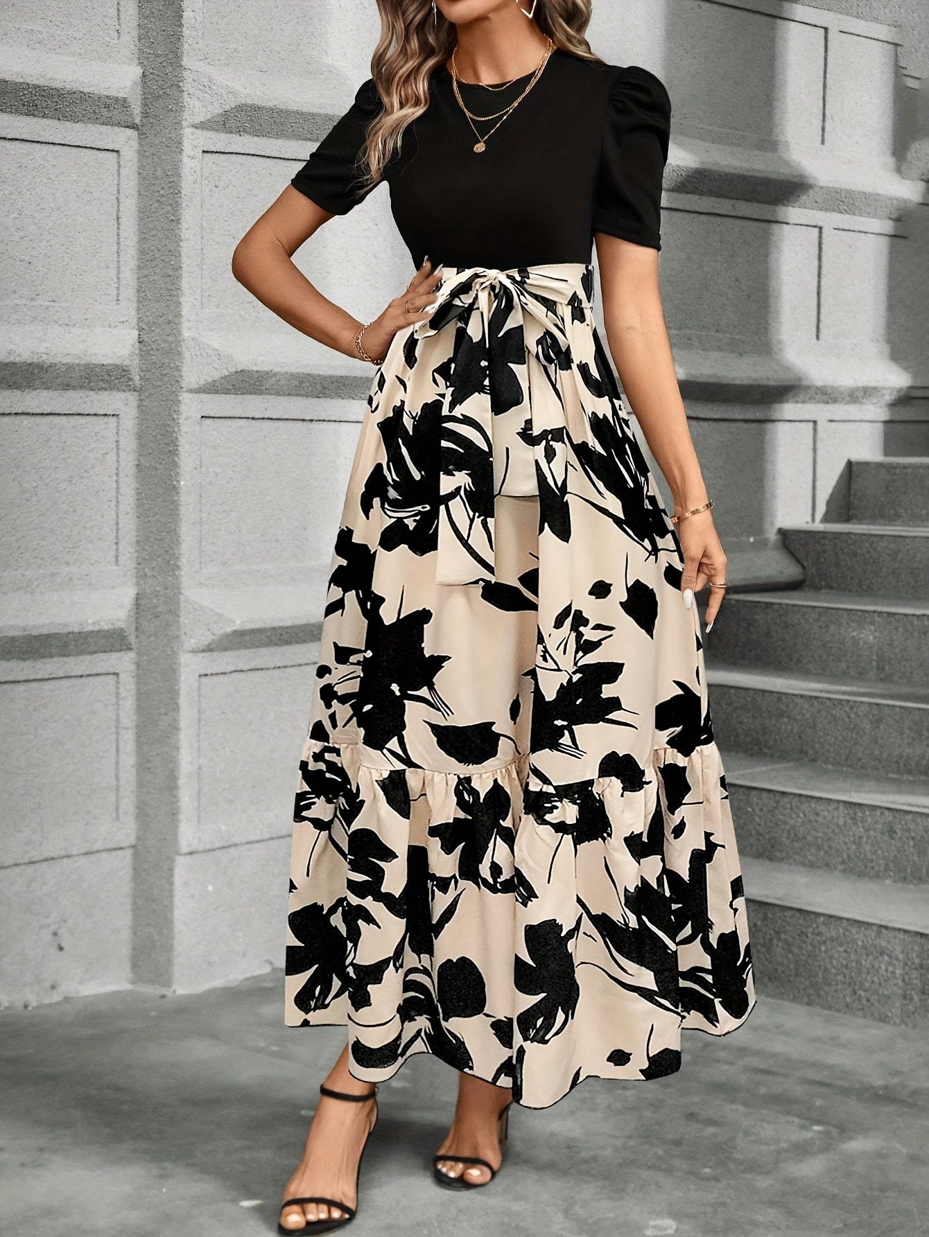 Women's Floral Print Dress with Crew Neck Short Sleeves Tie Waist Ankle Length
