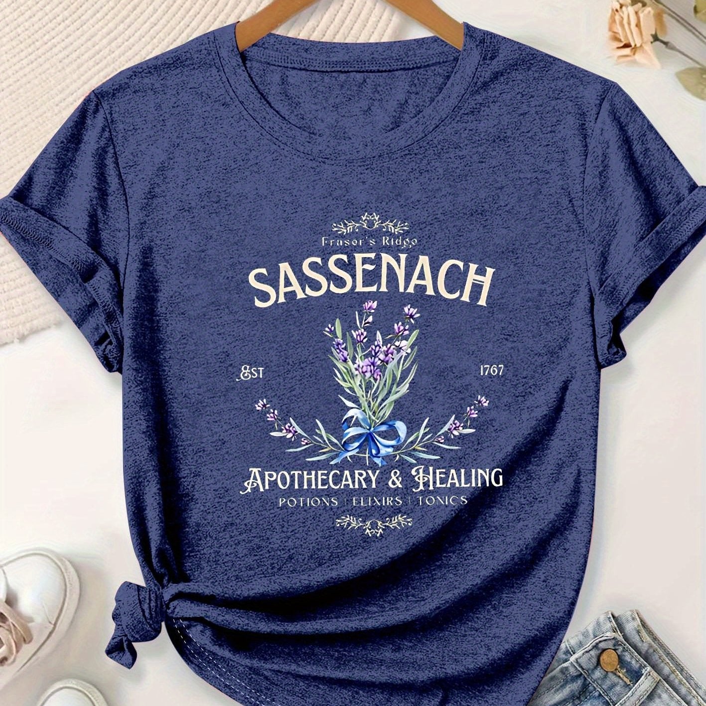 Plus Size Women's Lavender Letter Print Casual T-Shirt Floral Short Sleeve