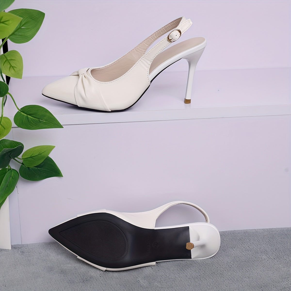 Women’s Faux Leather Slingback Sandals With Pointed Toe and Bow Detail