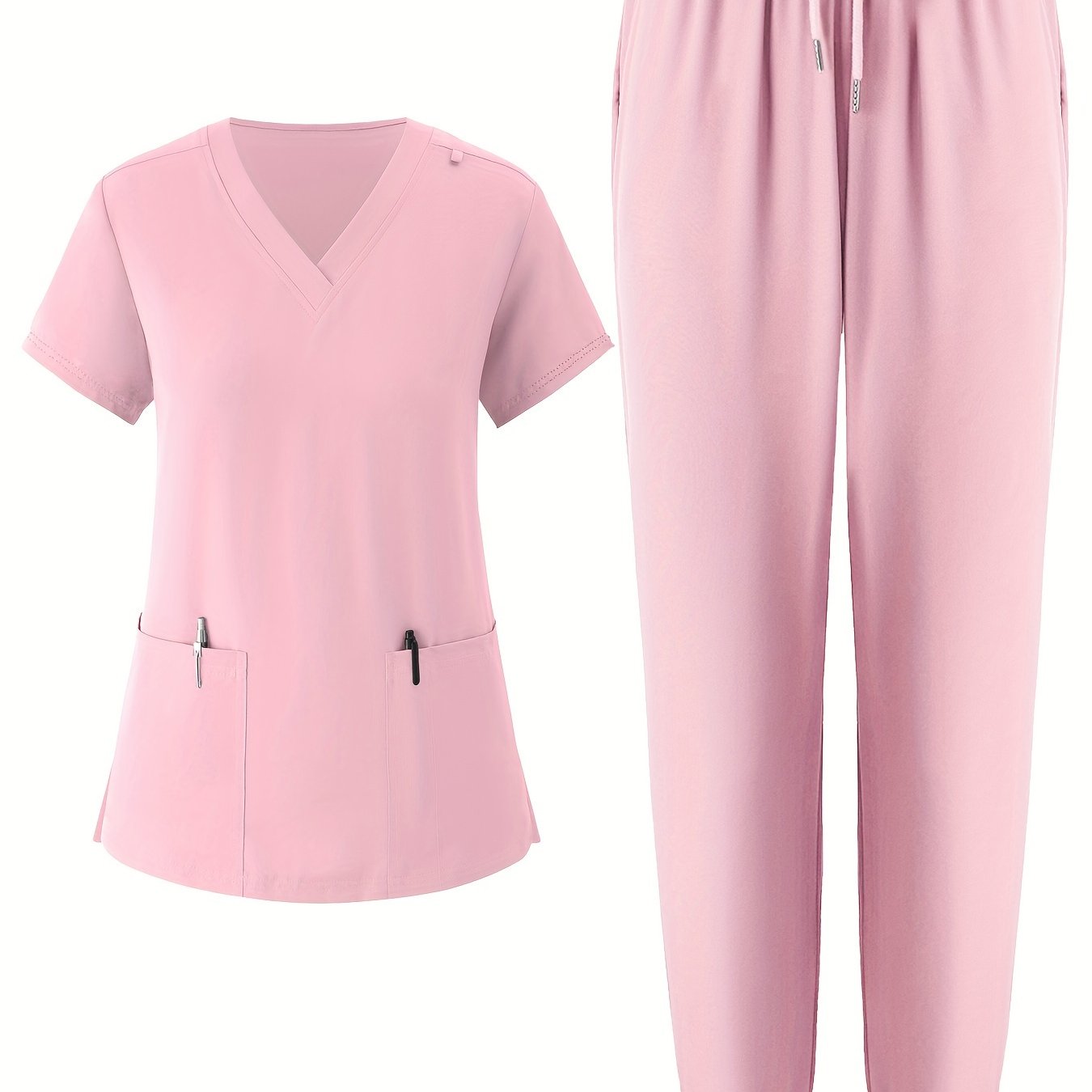 Women's V-Neck Scrub Set Solid Color Breathable Pockets All-Season Workwear