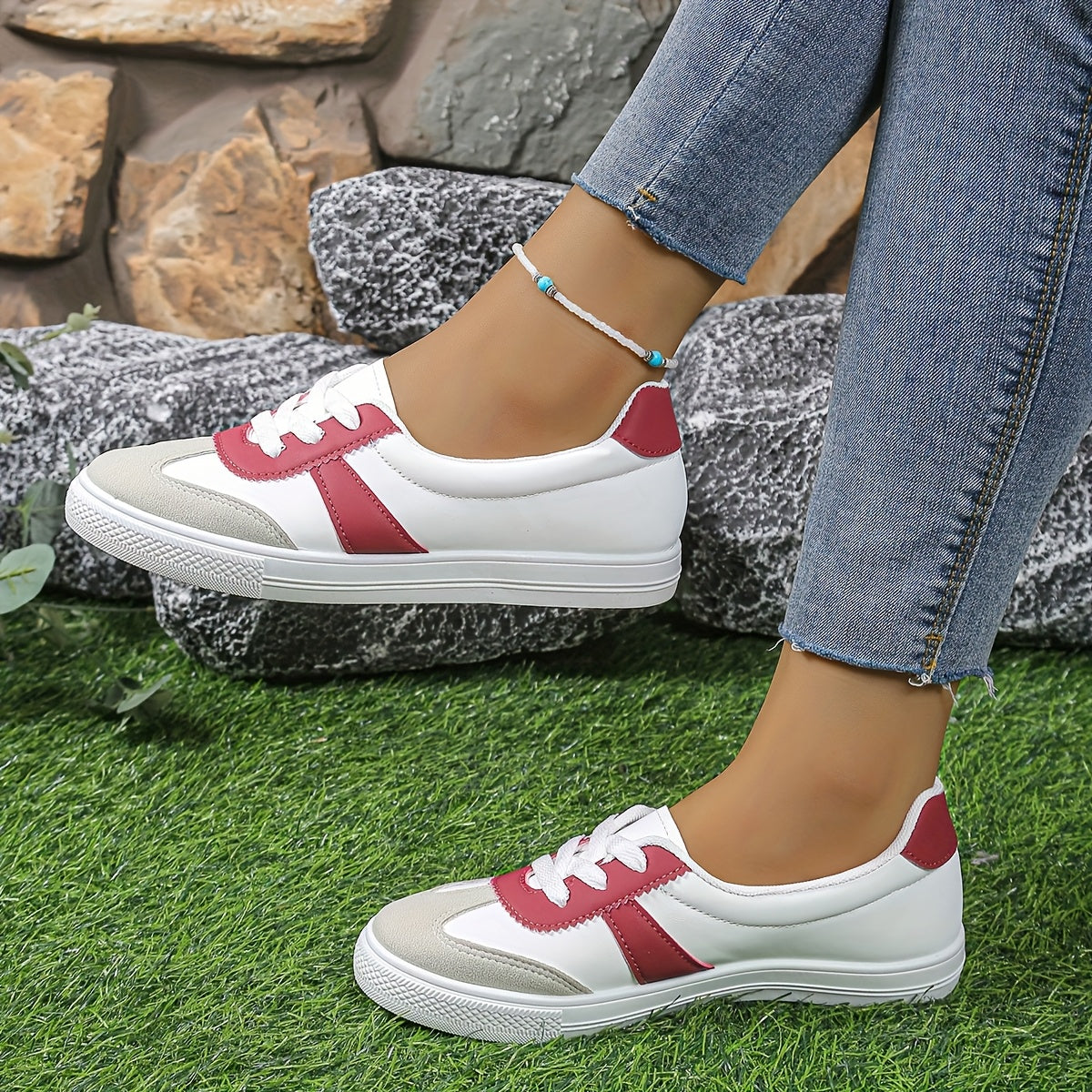 Women's Casual White Sneakers with Color Block Design and Lightweight Sole
