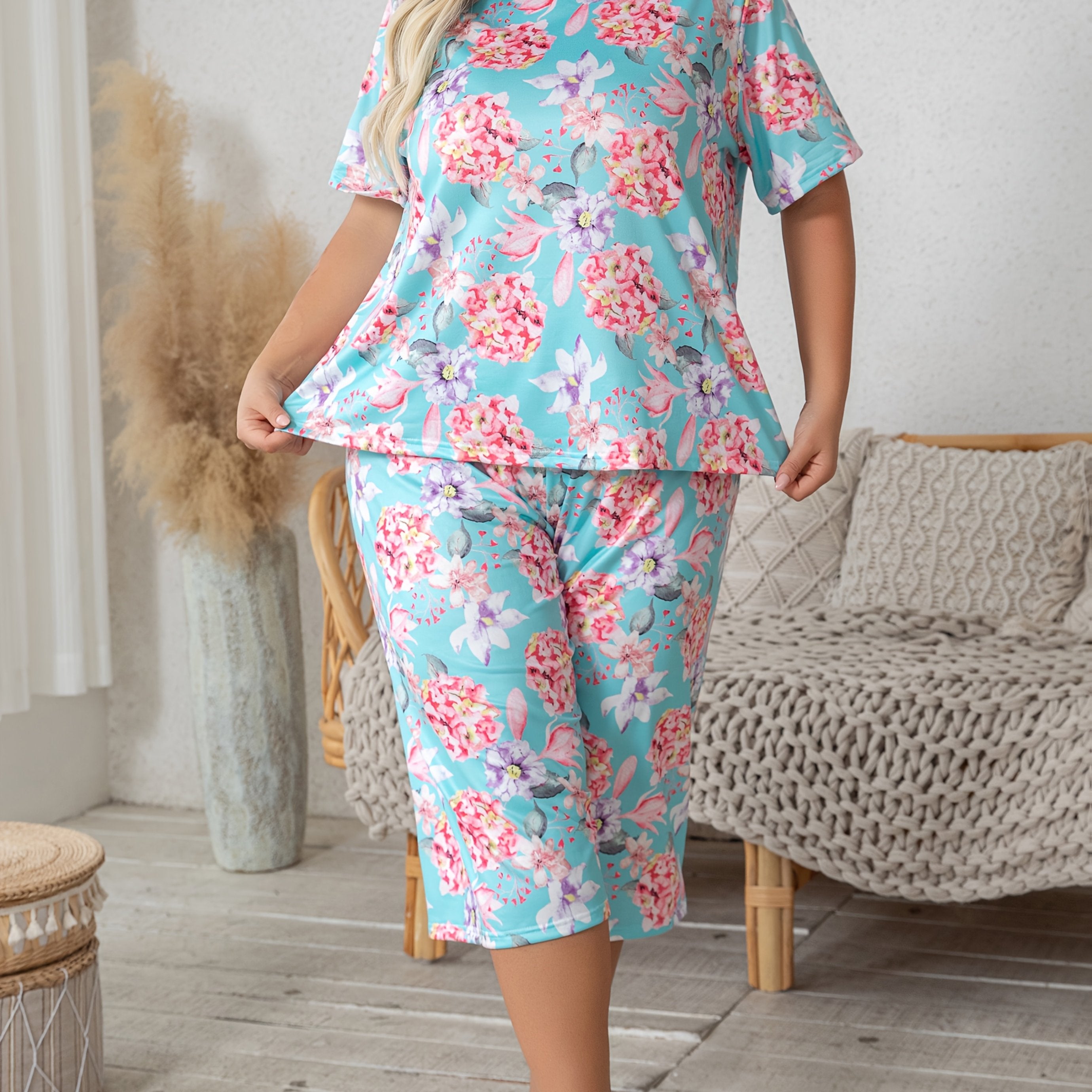 Women's Floral Print Pajama Set with Shorts and Seven-Eighth Pants