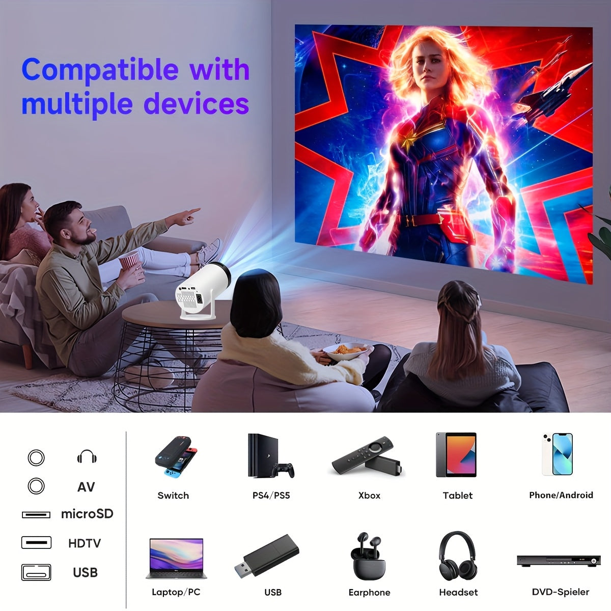 Wireless Portable Mini 4K Projector for Home Theater with Smartphone Connectivity
