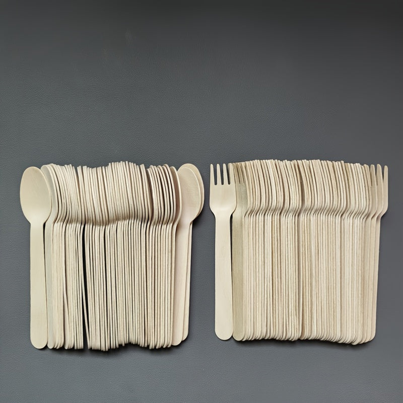 100 Biodegradable Wooden Spoons and Forks, 14cm, Disposable Party Utensils