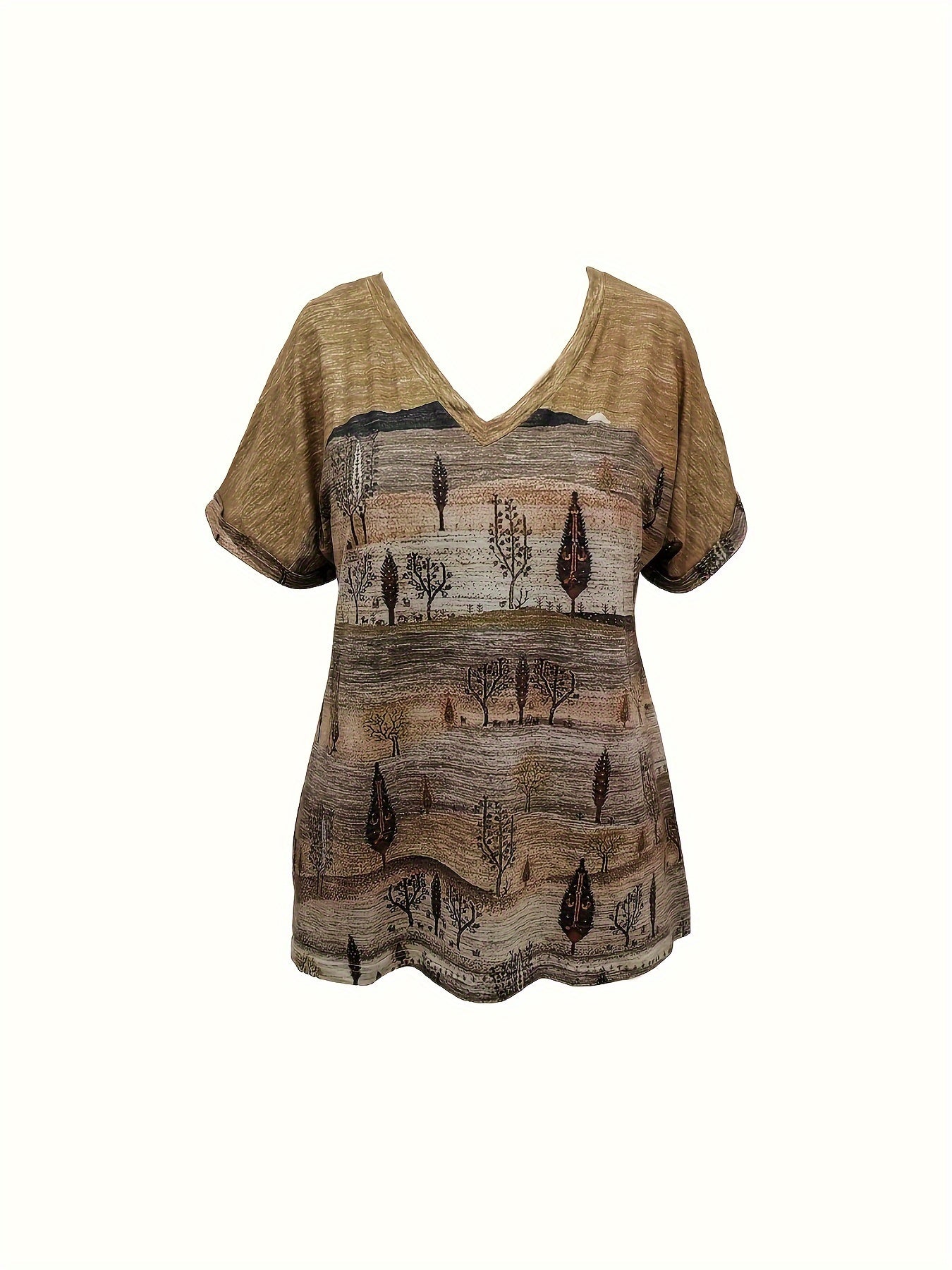 Plus Size Boho Chic V-Neck T-Shirt for Women Ethnic Print Summer Casual Knit Polyester Spandex