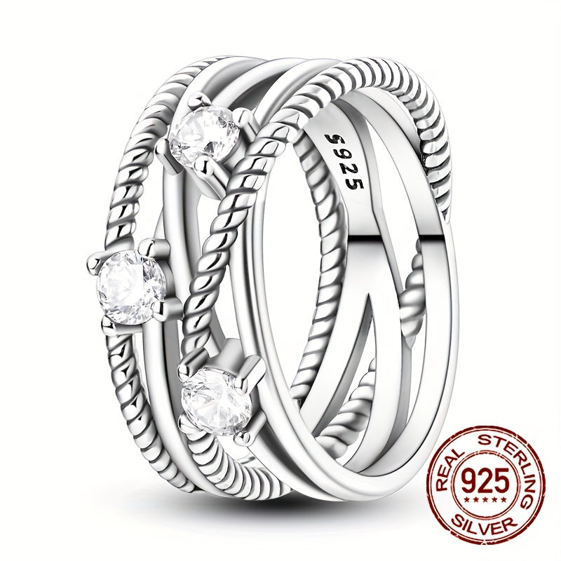 Sterling Silver Ring Intertwined Design Zirconia Accents Jewelry for Daily Wear