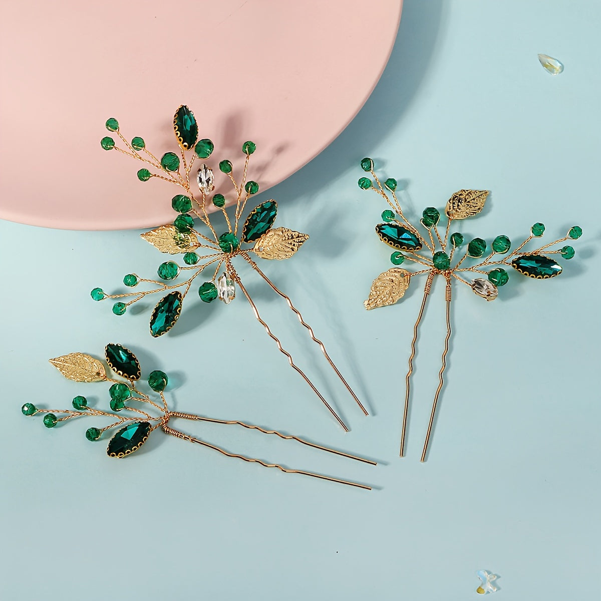 Set of 3 Green Leaf Rhinestone Hairpins for Bridal Hair Accessories Hanfu Style