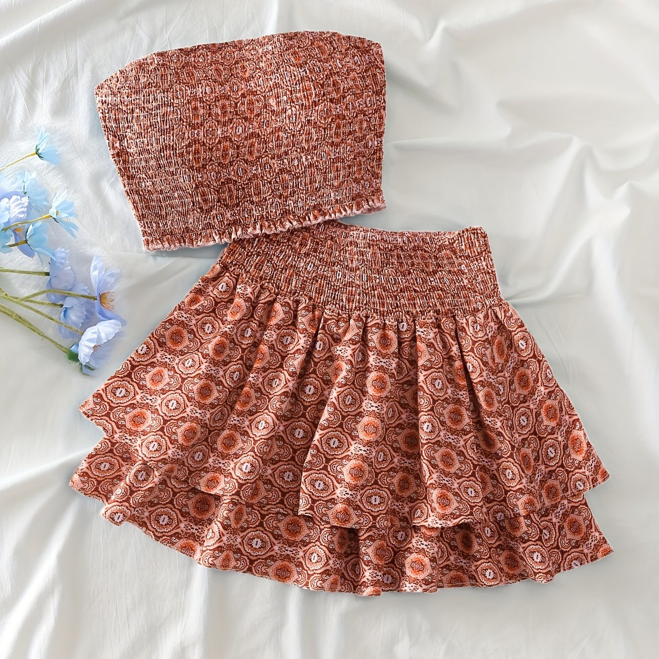 Women's Off-Shoulder Geometric Print Two-Piece Outfit Polyester Spandex Shirred