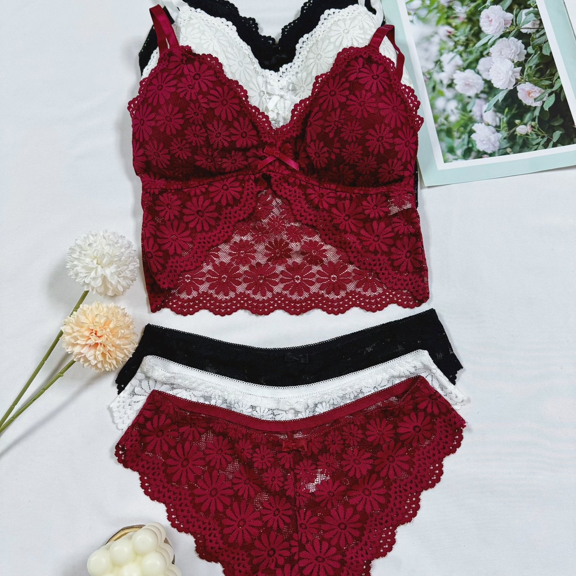 Maroon Lingerie Set with Floral Lace Bra and Matching Panties for Teens