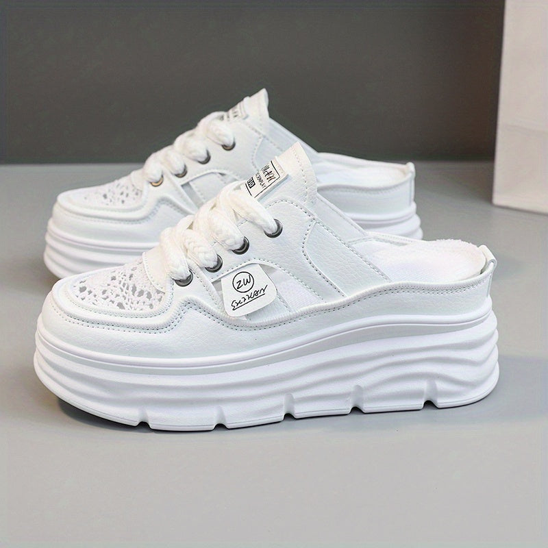 Women's Breathable Platform Mule Sneakers with Cutout Design and Lace-Up Closure