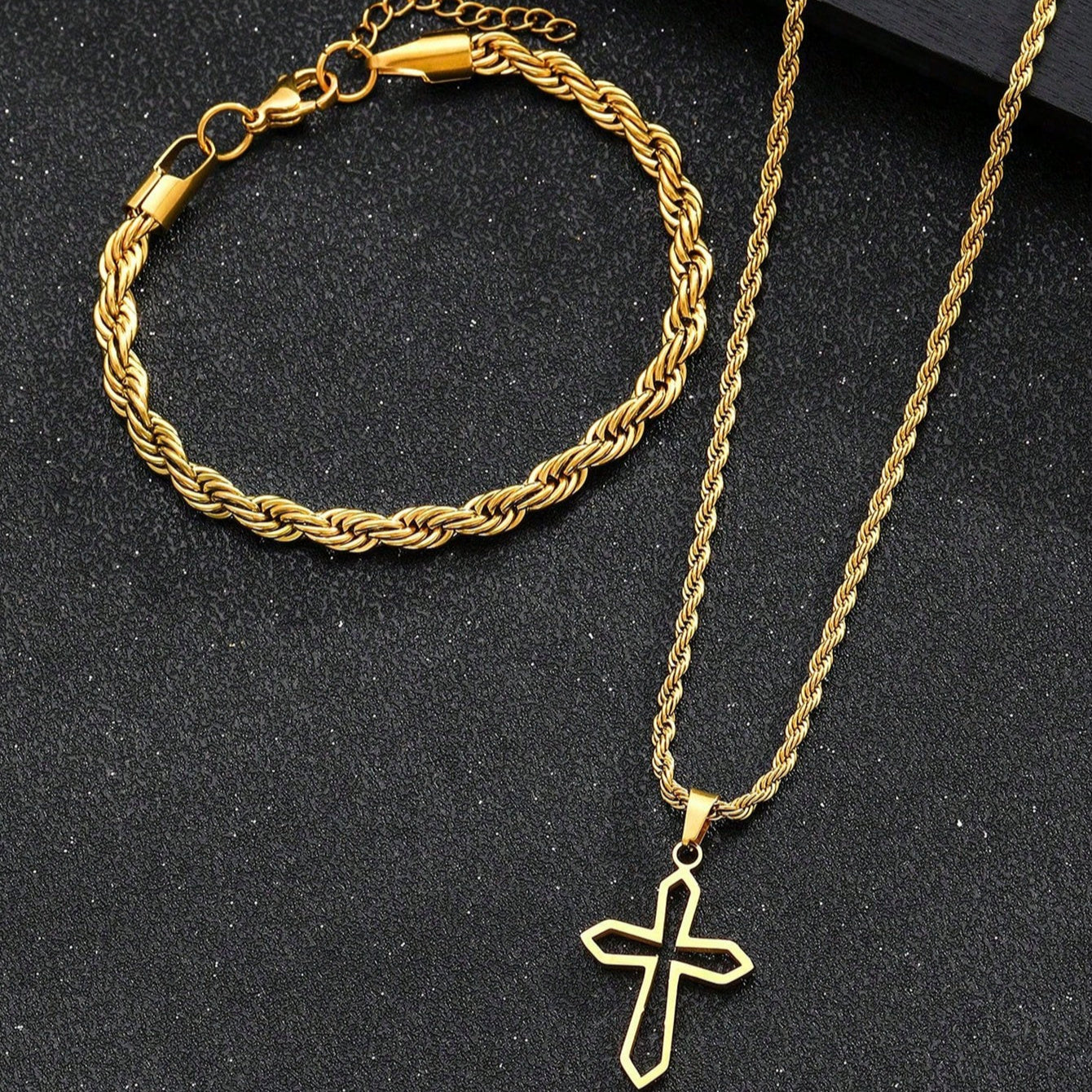 Boho Jewelry Set Cross Pendant Necklace and Bracelet 18K Gold Plated Stainless Steel Hypoallergenic for Weddings Parties Daily Wear