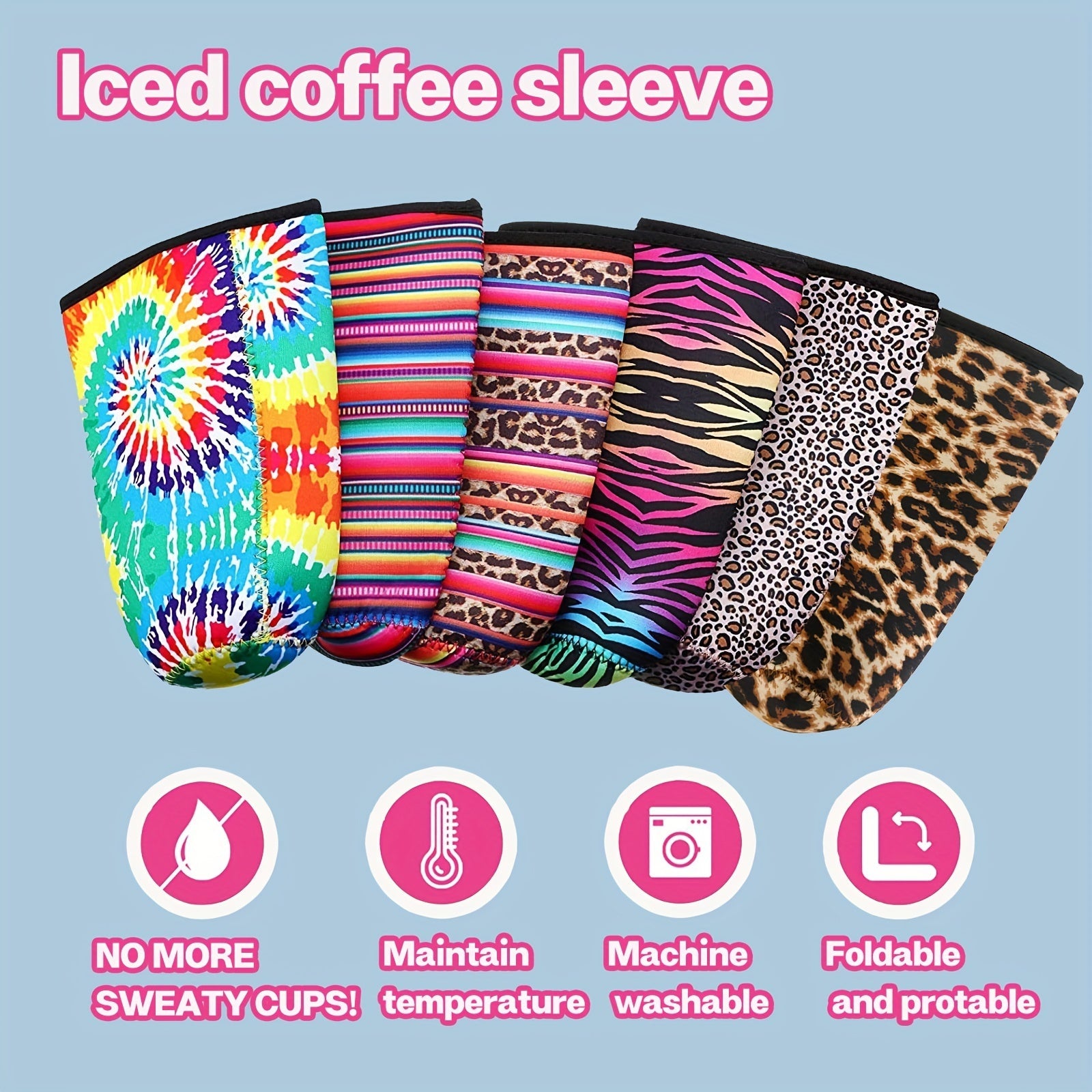 Reusable Neoprene Coffee Sleeve for Cold Beverages Leopard Print Insulated Cup Holder