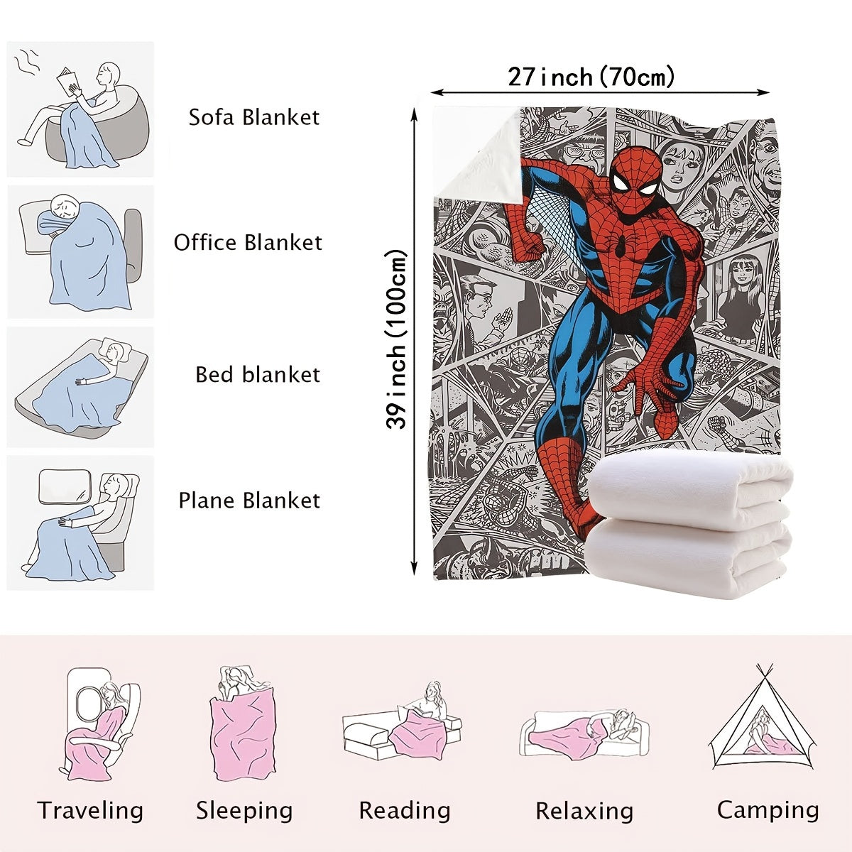 Multifunctional Plush Blanket with Spider-Man City Chase Comic Pattern for Kids and Adults