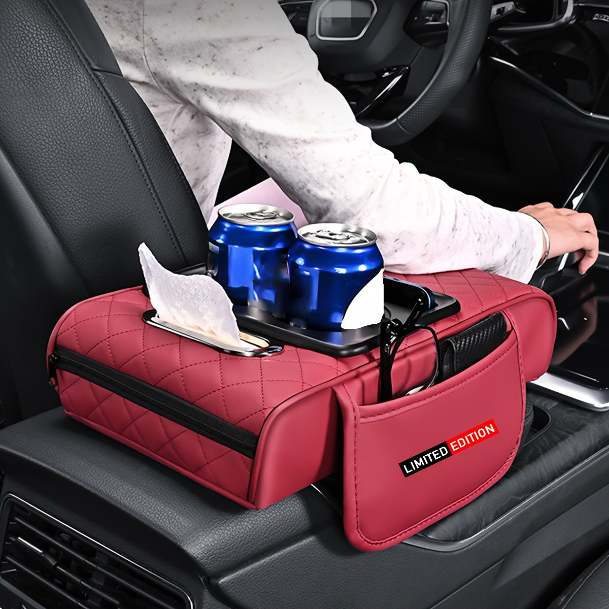 Car Armrest Cushion Center Console Protector With Tissue Box and Cup Holder Storage