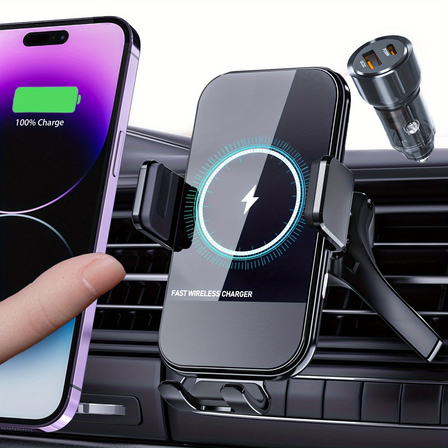 Cargador inalámbrico para coche Qi de carga rápida con sujeción automática y soporte para teléfono para ventilación