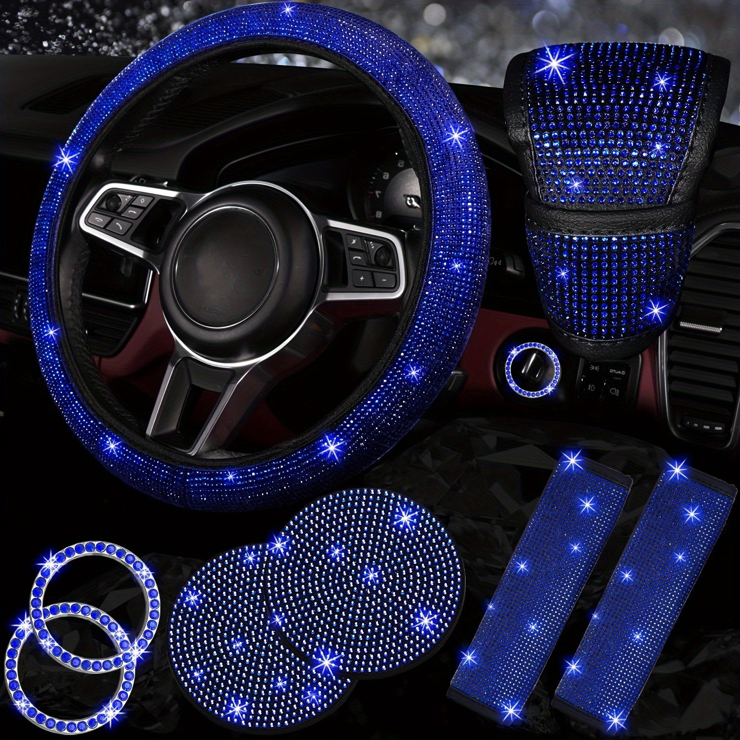 Juego de accesorios de bling para coche para mujer incluye funda para volante, posavasos y protectores de cinturón de seguridad