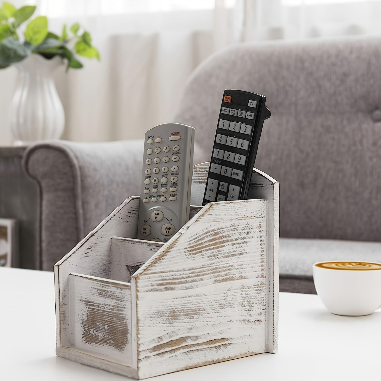 Organizador de almacenamiento de madera para controles remotos y teléfonos con 3 compartimentos