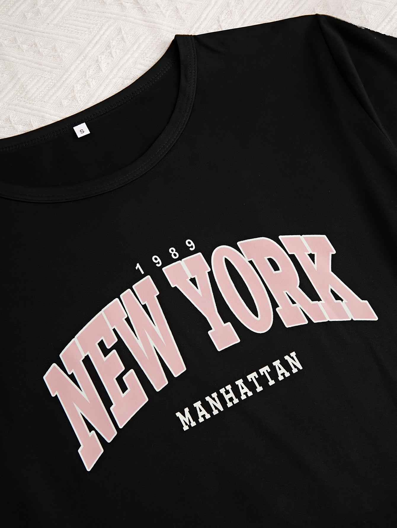 Women's Letter and Plaid Pajama Set Crew Neck Short Sleeve Top Long Pants Micro Elastic Polyester Sleepwear