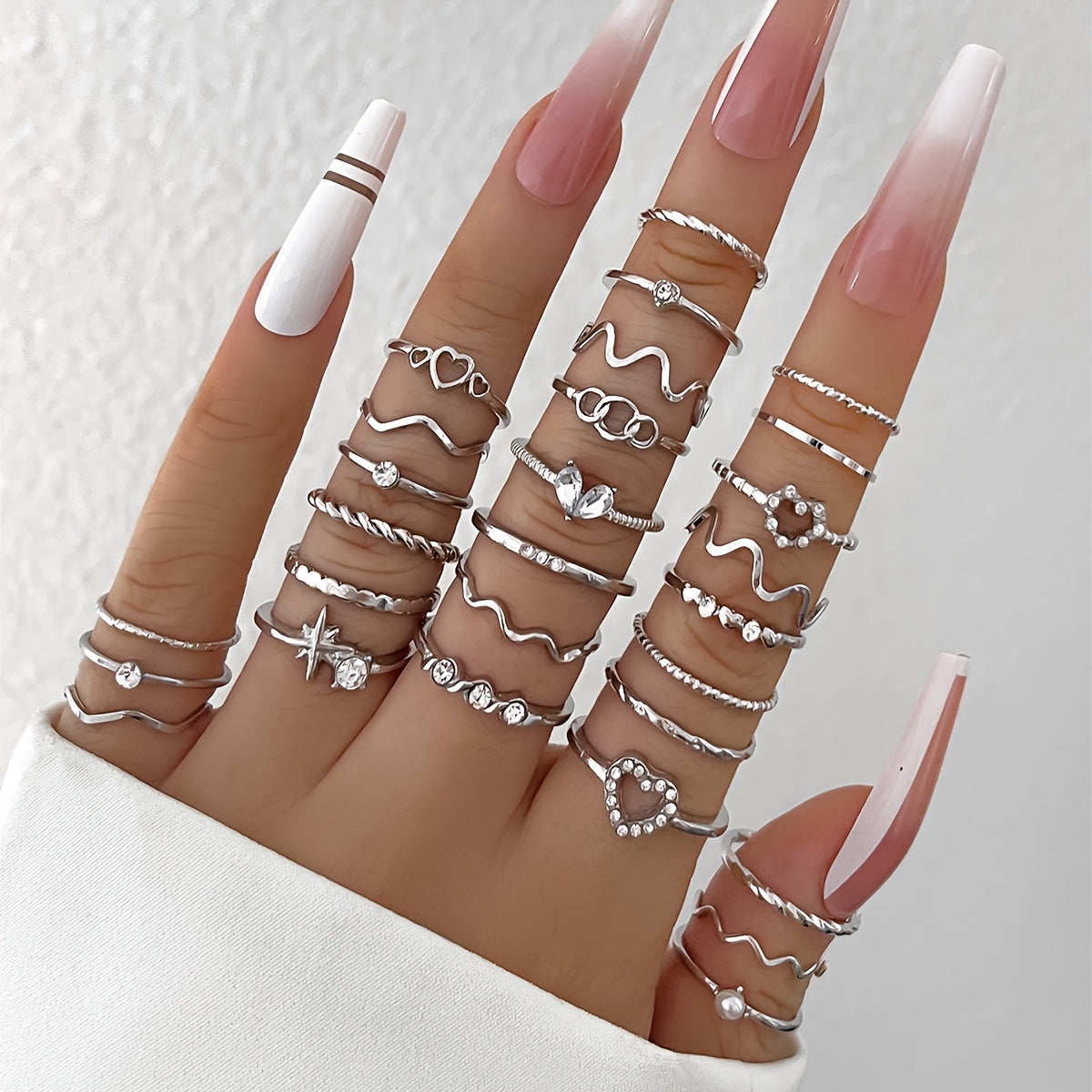 28-Piece Alloy Iron Stacking Rings Set with Heart Geometric and Wavy Designs for Daily Wear