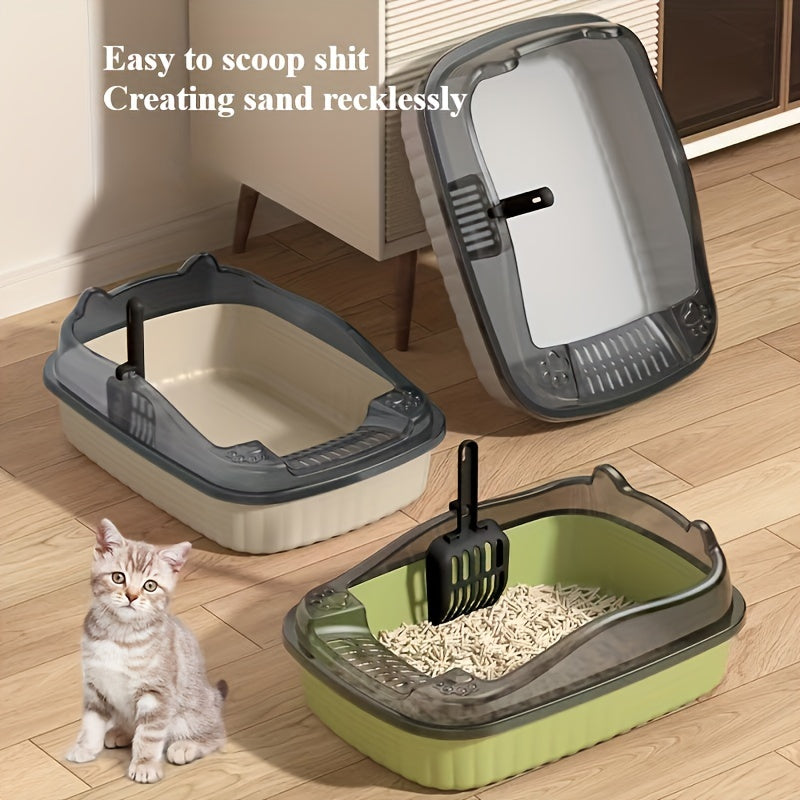 Caja de arena para gatos grande semi cerrada con protector contra salpicaduras, pala, duradera de ABS, fácil de limpiar, disponible en 3 colores
