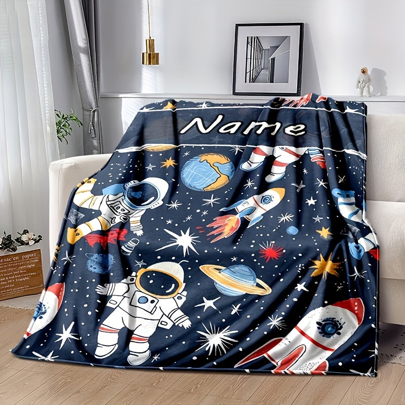 Personalized Space-Themed Astronaut Rocket Blanket Flannel Velvet Cozy Throw for Autumn Winter