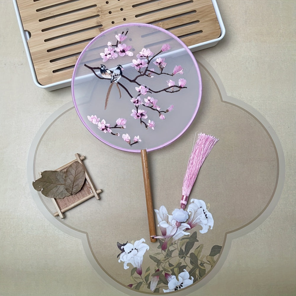 Silk Embroidered Fan with Tassel Flower for Home Travel School Office