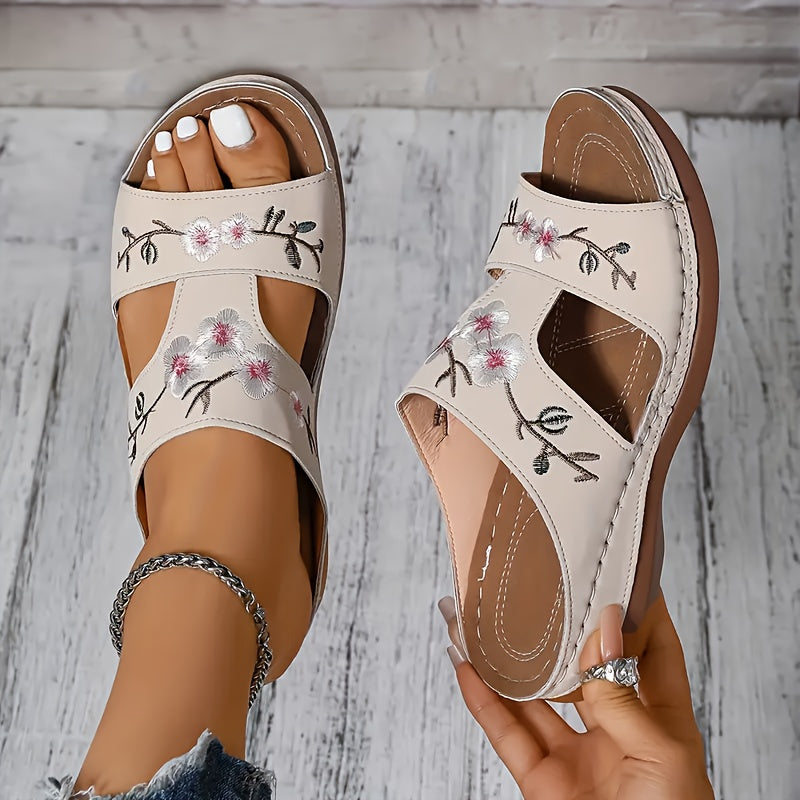 Women's Floral Embroidered Slip-On Sandals Open-Toe Summer Shoes with Rubber Sole