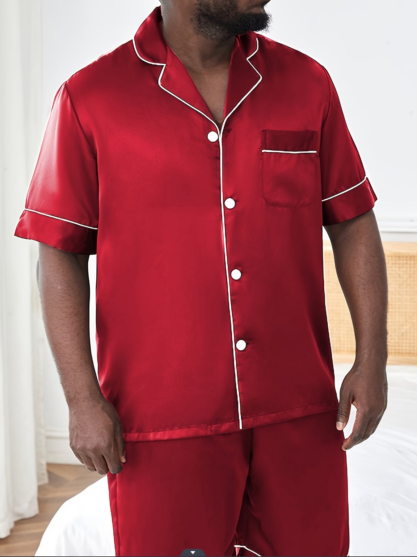 Plus Size Men's 2-Piece V-Neck Pajama Set Polyester Short Sleeve Shirt and Shorts