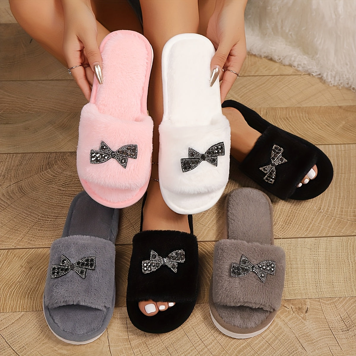 Women's Fuzzy Slip-On House Slippers with Bow, Indoor, Soft Fabric